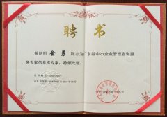 热烈祝贺星亿咨询金勇老师荣获广东省中小企业管理咨询服务专家
