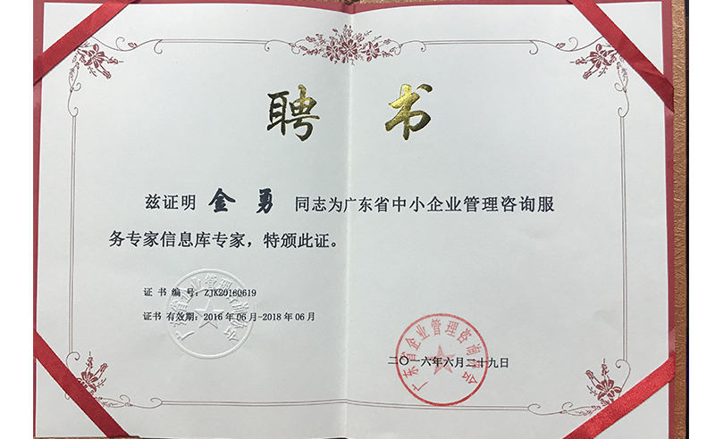 热烈祝贺星亿咨询金勇老师荣获广东省中小企业管理咨询服务专家